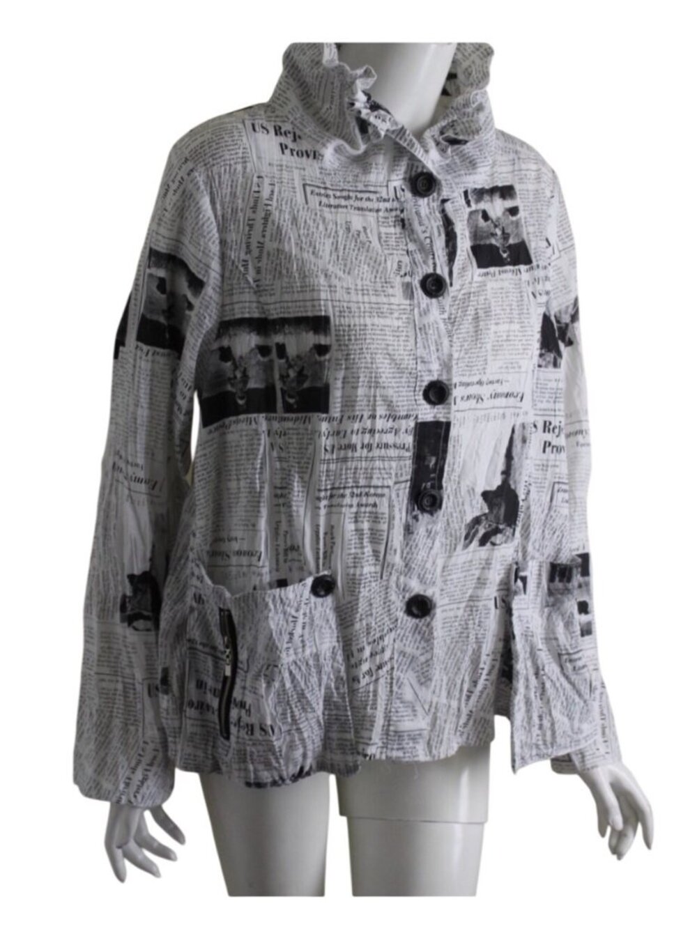 KI Meng L Black Newspaper Print Crinkle Jacket Pockets & Button Front